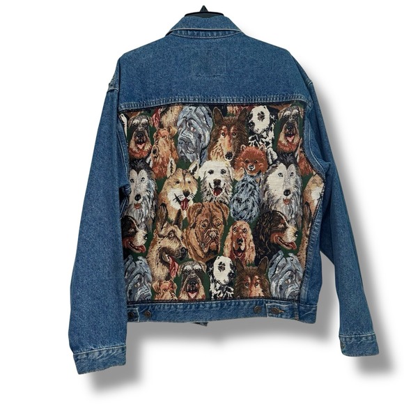 Vintage Embroidered Denim Jean Jacket Novelty Dog Print Cross Stitch Retro Sz L - Picture 3 of 8